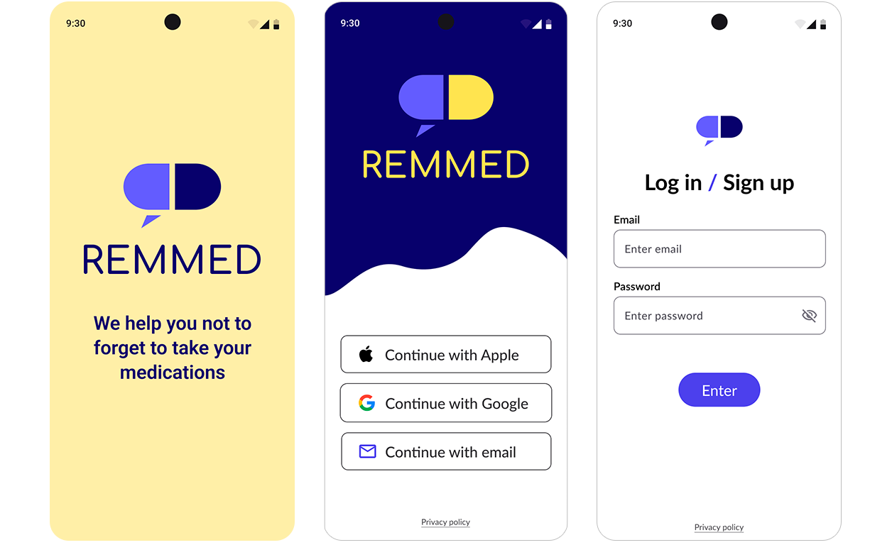 Three consecutive screens showing the Remmed app login process.