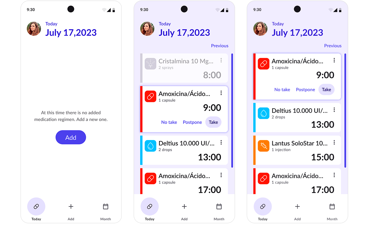 Three example screens of your daily reminder, the first is empty and the other two with the added medicines.