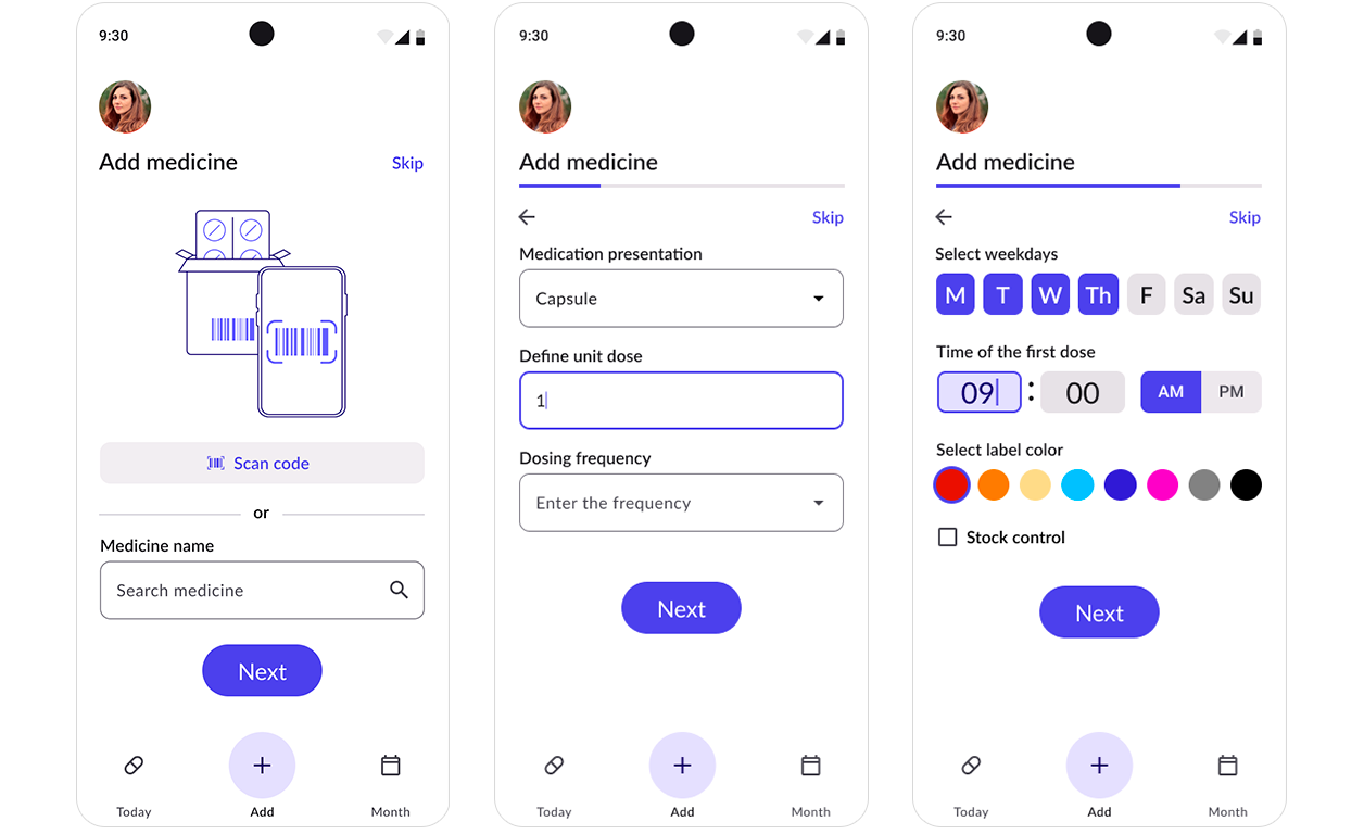 Three screens that show the interaction when adding a medication to your reminders.